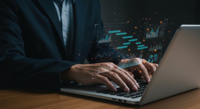 Business professional typing on laptop with digital data overlay - Powered by Adobe