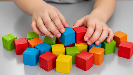 A close-up of children's hands playing with multi-colored wooden blocks on a light-colored surface. The child is holding one blue block intently, preparing to add it to a small pile of red, yellow, gr