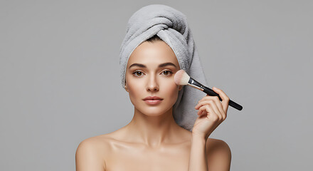 Woman with towel on head applying makeup using a brush