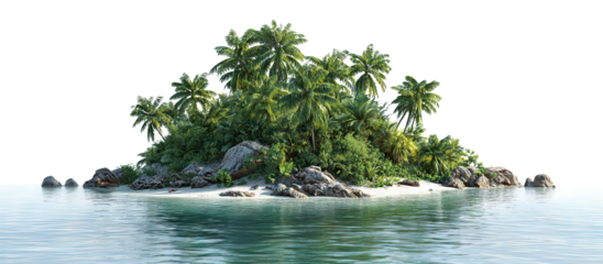 Tropical island with lush palm trees and rocks, isolated on transparent cutout background
