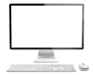 Modern desktop computer with blank screen, keyboard and mouse, isolated on transparent cutout background