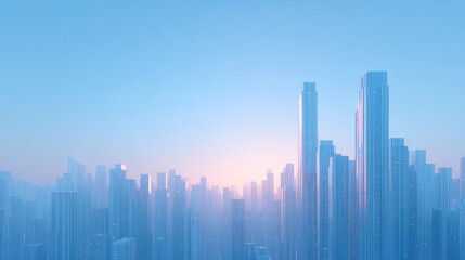 Fototapeta premium Skyline features towering skyscrapers bathed in soft blue and pi