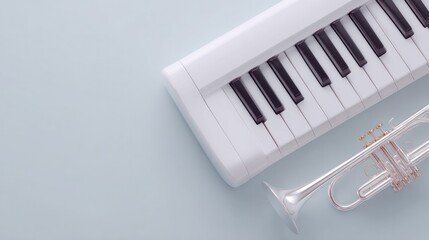 Minimalist design featuring white keyboard and trumpet highlight