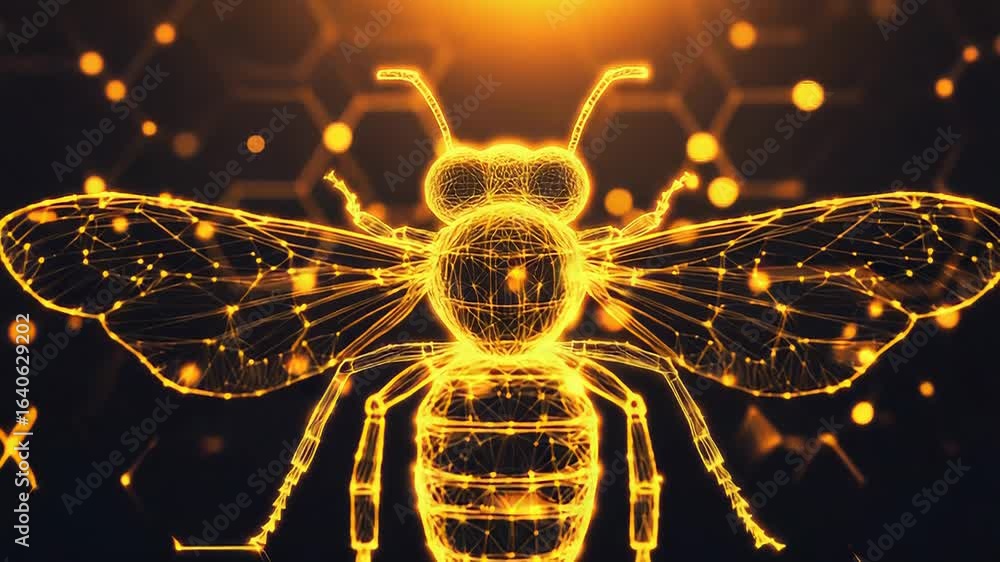 Poster golden bee polygon mesh glowing on dark background with honeycomb shapes representing artificial int