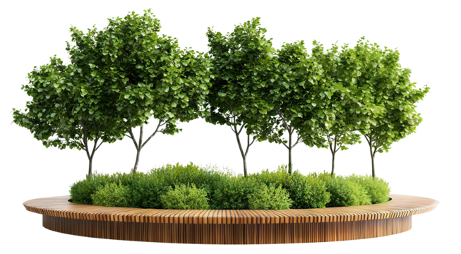 Modern landscaping composition with trees in circular bench, isolated on transparent cutout background
