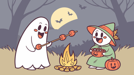 Cute ghost and witch friends enjoying a campfire and roasting marshmallows under a full moon on halloween night