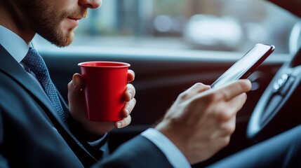 Man enjoying coffee while checking smartphone.
