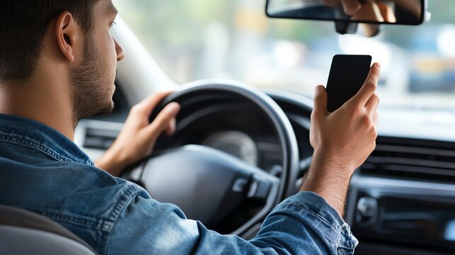 Man driving and using smartphone in vehicle.