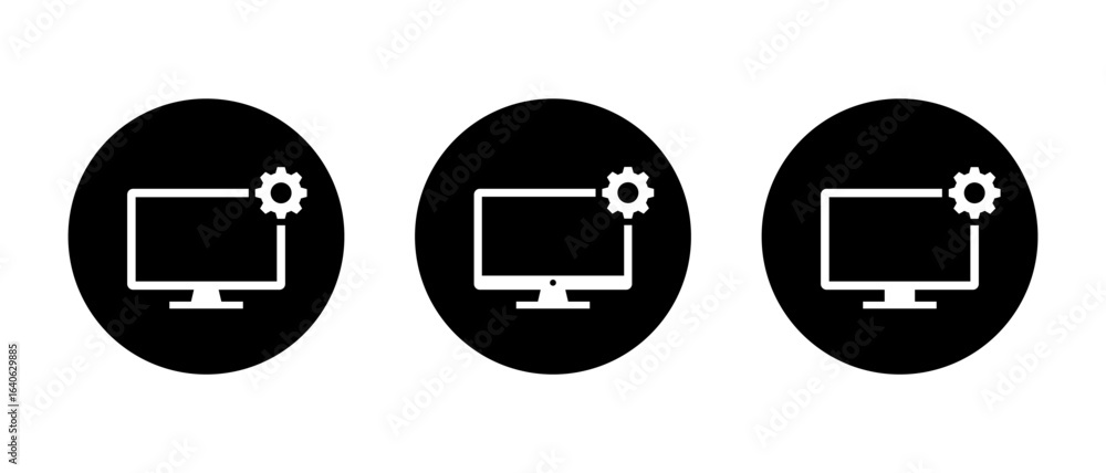 Poster display setting icon set for customization tools. monitor configuration symbol in black circle