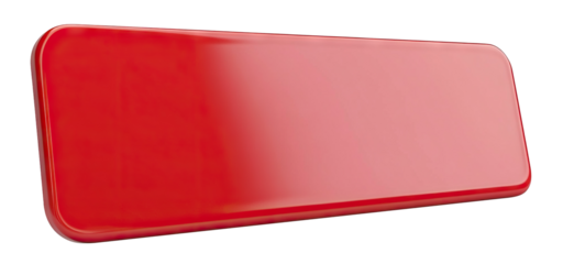 Glossy red rectangular nameplate, button, or label, isolated on transparent cutout background