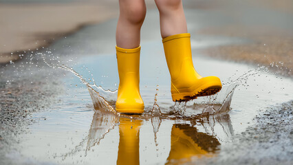 A close-up of a child's feet in bright yellow rubber boots jumping into a large puddle. Water splashes around the feet. The boots and sky are clearly reflected in the water. The photograph conveys the