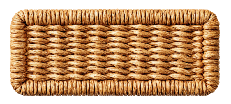 Rectangular woven straw mat with rounded edges, isolated on transparent cutout background