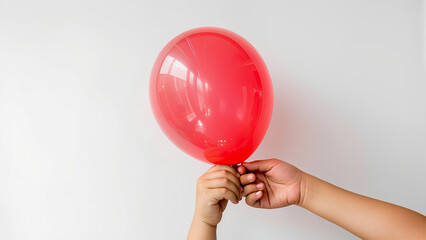 A close-up of two hands, an adult's and a child's, holding a single red balloon together. The bright and shiny balloon is in the center of the composition against a plain white background, allowing th