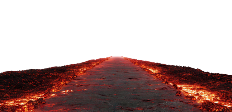 Burning road through volcanic lava terrain, isolated on transparent cutout background