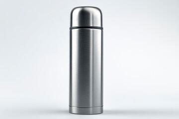 Silver metal thermos cylindrical body and rounded cap isolated against a neutral backdrop reflecting light