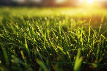 Close up of vibrant green grass illuminated by bright sunlight on a tranquil day in a natural environment during the afternoon
