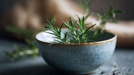 Fresh Rosemary Sprigs in a Rustic Blue Bowl Herbs Spices Cooking Food Kitchen