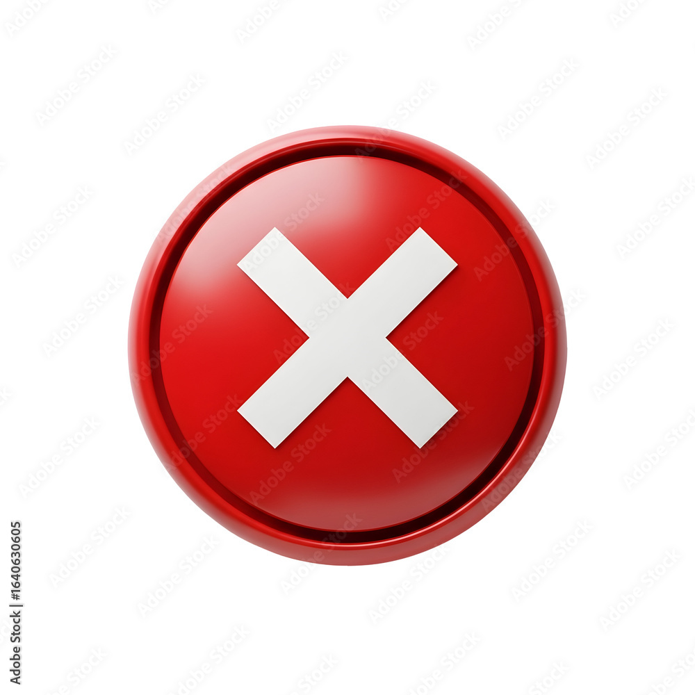 Poster 3d render red cancel button icon with white cross symbol isolated on transparent background