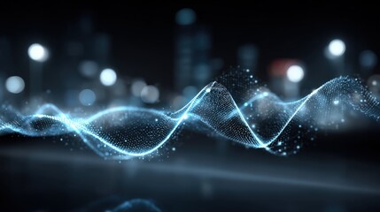 Abstract Digital Waveform with Glowing Particles Flowing Over Dark Cityscape Background, Representing Technology and Connectivity