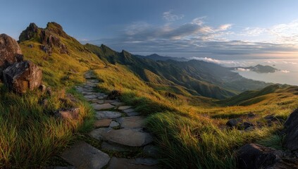 Mountaintop path at dawn, leading to distant coastal vista