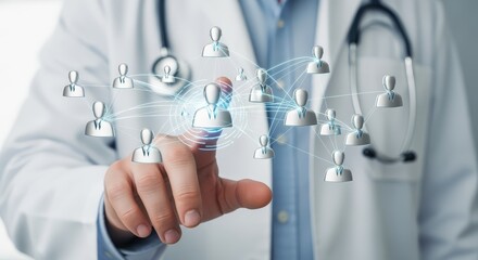 Doctor Touching Virtual Network Interface: Telemedicine, Healthcare Professionals, Patient Connections and Digital Health Applications