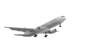 Airplane taking off with landing gear in view, isolated on a white background, showcasing flight dynamics and aircraft design