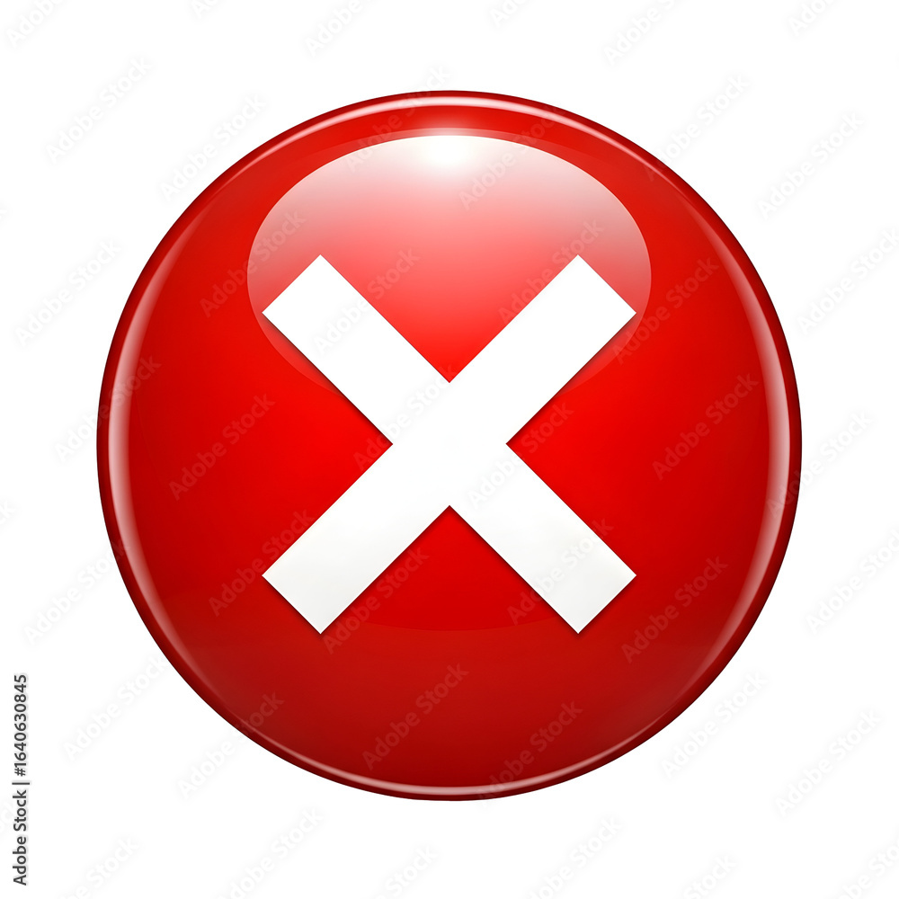 Poster glossy red cross mark icon isolated for design projects and error notifications, transparent
