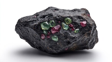 Dark rock specimen; embedded red & green gems