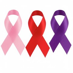 Three awareness ribbons pink red and purple against white background