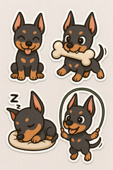 Fototapeta premium Four illustrated puppies doing different activities in sticker form: sitting, carrying a bone, sleeping and jumping rope.