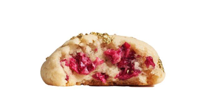 A halved cookie with red filling and gold  on transparent background