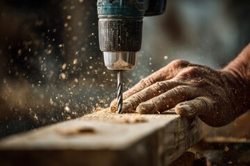Crafting intricate designs in wood as a skilled woodworker drills precisely into a fresh timber piece in a workshop during daylight hours