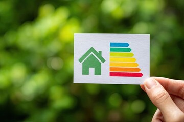 Hand holding a card with a house icon and energy efficiency rating scale