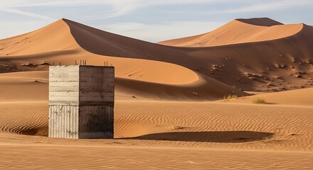 A striking contrast of natural and man-made elements with a concrete block standing in the foreground of vast, undulating sand dunes.