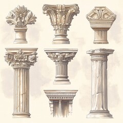 Obraz premium Posters show capitals and building styles from old Greek and Roman art. They look like marble or plaster sculptures. The drawings are simple, using soft, light colors. 
