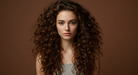 Woman with Long Voluminous Curly Hair Against Brown Background