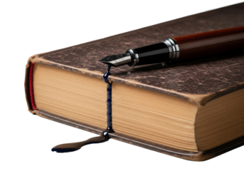 Distressed brown book, yellowed pages, classic dark wood fountain pen leaking wet blue ink stain on cover, on transparent studio background, melancholy of a quiet accident