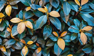 Lush evergreen foliage with golden leaves dense botanical garden backdrop