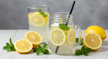 Fresh Lemonade with Mint Slices and Ice Cubes Juicy and Refreshing