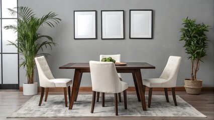 Fototapeta premium Sophisticated Dining Room Interior with Wooden Table, Chairs, and Decorative Plants Display