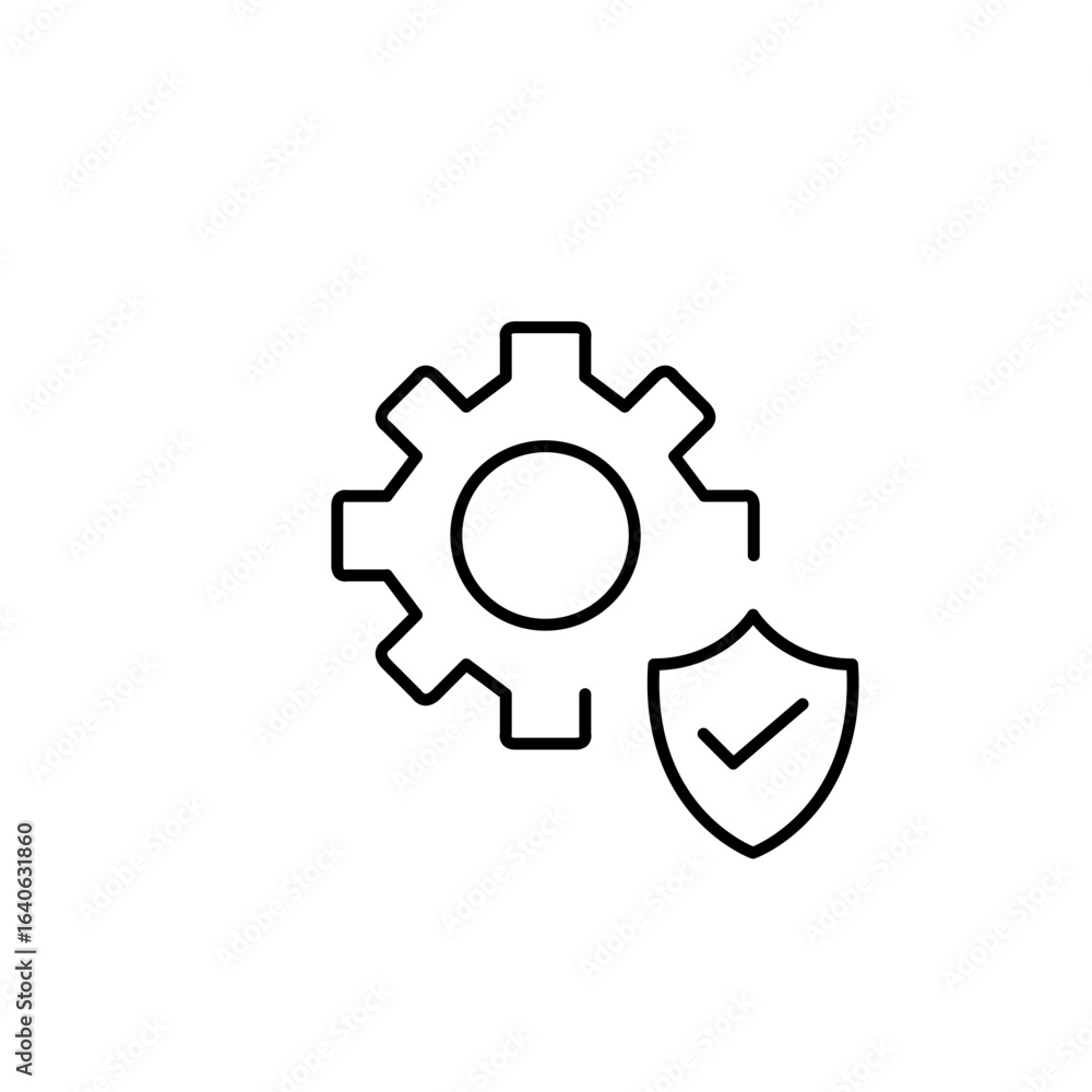 Poster cogwheel, shield and checkmark. verified system settings, trusted configuration, secure operations, 