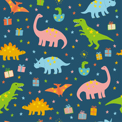 Cute dinosaurs with gift box and stars seamless pattern