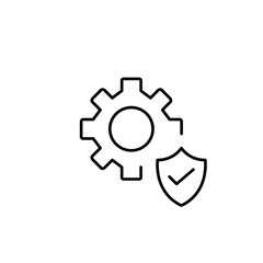 Cogwheel, shield and checkmark. Verified system settings, trusted configuration, secure operations, approved setup. Pixel perfect, editable stroke vector icon