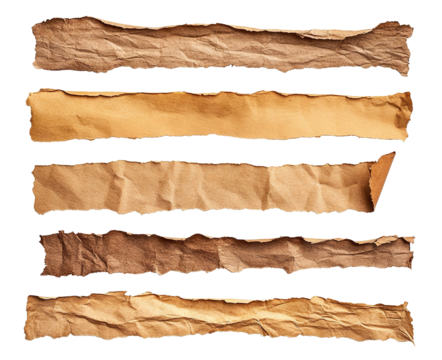 Collection of ripped kraft paper strips, isolated on transparent cutout background