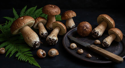 Fresh Grosural Mushrooms Arranged with Snails and a Vintage Knife