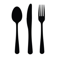 Vector illustration of black silhouette of a spoon, knife, and fork isolated on white background