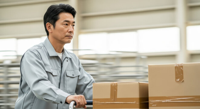 Focused warehouse worker in uniform transports cardboard boxes on trolley inside modern distribution facility serious asian male employee engaged in industrial logistics and packaging tasks - Powered by Adobe