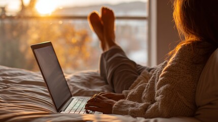 Woman working on laptop while lounging in bed during sunset at home  