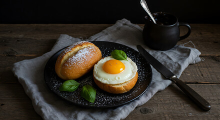 Delicious breakfast with fried egg and bread buns served on black plate