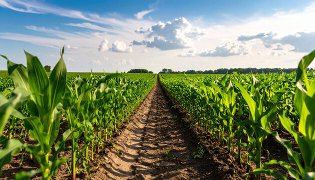 Thriving cornfield under bright sky with clouds, showcasing rows of green plants and dirt path
